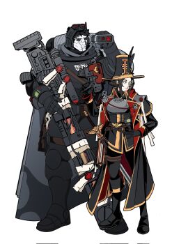 17748491wer 1boy 1girl adeptus_astartes armor artificial_eye black_cape bolter cape finger_on_trigger goggles goggles_on_head gun hat height_difference highres holding holding_bolter holding_gun holding_weapon imperium_of_man inquisition_(warhammer) mechanical_eyes power_armor purity_seal railgun science_fiction single_mechanical_eye skull_print sword top_hat warhammer_40k weapon white_background