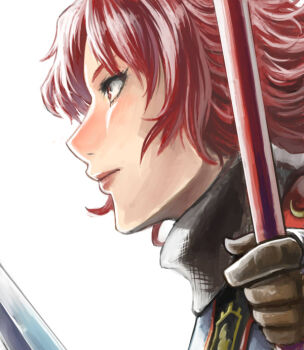 1girl female_focus gloves hildegard_von_krone nyaasora red_eyes red_hair solo soul_calibur soulcalibur soulcalibur_v upper_body weapon white_background