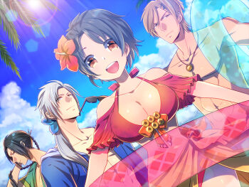 bikini black_hair breasts brown_eyes cleavage flower frilled_bikini frills genderswap genderswap_(mtf) hair_flower hair_ornament hair_ribbon large_breasts long_hair muscular muscular_male musou_orochi open_mouth ponytail red_bikini ribbon sanada_nobuyuki sanada_yukimura_(sengoku_musou) sarong sengoku_musou shin_sangoku_musou shiny_skin short_hair smile sunglasses swimsuit white_hair zhao_yun