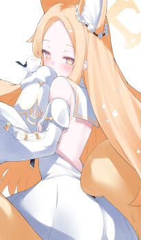 1girl animal_ears ass back backless_dress backless_outfit bare_back bare_shoulders bird bird_on_hand blonde_hair blue_archive blush bright_pupils clothing_cutout commentary_request cross_halo detached_sleeves dress ear_wreath forehead fox_ears fox_girl fox_tail from_behind halo highres long_hair looking_at_viewer looking_back parted_bangs parted_hair ryoutsu sailor_collar seia_(blue_archive) simple_background sleeveless sleeveless_dress sleeves_past_fingers sleeves_past_wrists solo tail tail_through_clothes twisted_torso very_long_hair white_background white_dress white_pupils white_sailor_collar yellow_eyes yellow_halo