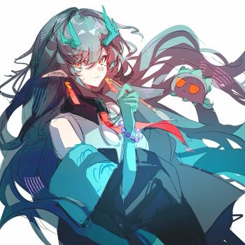 1girl arknights beads black_hair black_jacket blue_jacket closed_mouth colored_extremities dragon_bubble_(arknights) dragon_girl dragon_horns dusk_(arknights) earrings floating_hair hair_between_eyes highres holding holding_paintbrush horns jacket jewelry long_hair looking_at_viewer nan0320298 necktie orange_eyes paintbrush pointy_ears red_necktie simple_background solo upper_body white_background