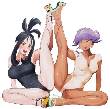 2girls :d absurdres adapted_costume black_hair blush breasts bright_pupils cleavage closed_mouth commentary_request cross_scar dendra_(pokemon) earrings eyelashes green_footwear high_heels highres jewelry leg_hold leotard multiple_girls nintendo open_mouth pokemon pokemon_sv purple_hair sandals scar scar_on_face scar_on_forehead sidelocks simple_background smile spread_legs sweat tulip_(pokemon) ukyu_(komarukoune) white_background white_pupils yellow_eyes yellow_sandals