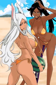 2girls absurdres animal_ears ass baseball_bat beach bikini bleach blue_sky boku_no_hero_academia bracelet breasts butt_crack cleavage cloud commentary crossover dark-skinned_female dark_skin english_commentary female_focus food fruit gold_bikini grin highres holding holding_baseball_bat holding_food jennm_art jewelry kubo_tite_(style) large_breasts long_eyelashes looking_at_viewer mirko multiple_girls navel outdoors parted_bangs ponytail purple_hair rabbit_ears rabbit_girl shihouin_yoruichi side-tie_bikini_bottom sky smile stomach swimsuit thong_bikini toned toned_female trait_connection underboob water watermelon white_hair
