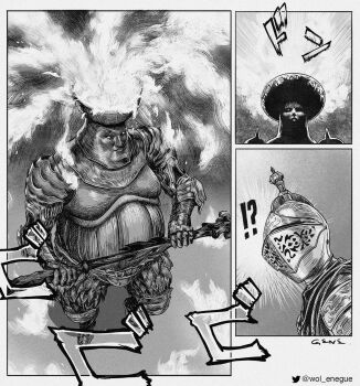 !? 2others ambiguous_gender armor breastplate carian_knight_(elden_ring) elden_ring fat fat_man fire_prelate_(elden_ring) full_armor gene_(wol_enegue) greaves greyscale helmet highres holding holding_weapon miura_kentarou_(style) monochrome multiple_others pauldrons shoulder_armor signature tarnished_(elden_ring) twitter_username visor_(armor) walking weapon