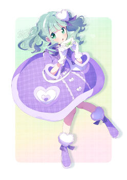 1girl :o alternate_costume blunt_bangs boots border brooch buttons center_frills circle_skirt collared_shirt dot_nose dress envelope floating_hair footwear_ribbon frills full_body fur-trimmed_dress fur-trimmed_sleeves fur_trim futaba_sana gloves gradient_background green_background green_eyes green_hair hair_ornament hair_ribbon heart heart-shaped_sleeves heart_brooch heart_button heart_hair_ornament high_collar highres holding holding_envelope invisible_chair jewelry letter light_blush long_hair long_sleeves love_letter magia_record:_mahou_shoujo_madoka_magica_gaiden mahou_shoujo_madoka_magica medium_dress neck_ribbon open_mouth outside_border pink_background plaid_background plaid_clothes plaid_dress plaid_footwear pocket purple_boots purple_dress purple_ribbon purple_sailor_collar ribbon ribbon_trim sailor_collar serizawa_serizane shadow shirt shirt_under_dress sidelocks sitting solo tareme twintails twitter_username unmoving_pattern watermark wavy_hair white_border white_gloves white_shirt