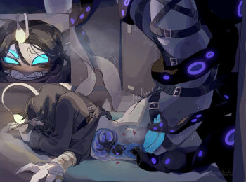 1boy accessories anglerfish anglerfish_boy asaichi bandaged_arm bandages bandolier belt belt_buckle black_hair black_jacket black_tentacles blue_penis blue_scales blue_sclera blue_skin blush buckle cetacean_tail claws clenched_teeth colored_sclera colored_skin cuntboy diphallia egg egg_implantation egg_in_pussy erection extra_arms extra_eyes extra_penises fingernails fins fish fish_tail floor_sex gold_ring head_fins heart highres jacket long_sleeves lying male_futanari merfolk merman monster_boy multiple_belts multiple_views on_floor on_side on_stomach open_door parted_bangs penis precum pressure_(roblox) puddles_from_the_void-mass pussy pussy_juice roblox sea_snake sebastian_solace sharp_fingernails short_hair solo_focus sweat tail teeth tentacle_sex tentaclejob tentacles tentacles_on_male third_eye trembling twisted_torso vaginal x-ray yaoi