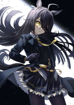 1girl absurdres animal_ears black_coat black_gloves black_hair black_pantyhose black_skirt coat commentary_request cowboy_shot floating_hair gloves hair_over_one_eye hana_arare highres horse_ears horse_girl horse_tail long_bangs long_hair long_sleeves manhattan_cafe_(creeping_shadow)_(umamusume) manhattan_cafe_(umamusume) miniskirt multicolored_hair necktie open_clothes open_coat open_mouth pantyhose skirt solo streaked_hair tail umamusume very_long_hair white_streaks yellow_eyes yellow_necktie