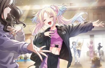 5girls :d black_jacket blonde_hair blue_hair brown_hair buckle character_request collared_jacket fang flower game_cg gradient_hair hair_flower hair_ornament highres jacket link!_like!_love_live! love_live! midriff multicolored_hair multiple_girls navel non-web_source official_art open_clothes open_jacket open_mouth osawa_rurino osawa_rurino_(winter_training_wear) pants pink_flower pink_pants pink_shirt shirt smile snap-fit_buckle solo_focus twintails virtual_youtuber