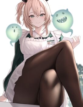 1girl animal_ears apron bad_id bad_pixiv_id blush brown_hair brown_pantyhose clipboard closed_mouth commentary crossed_legs dress feet_out_of_frame green_dress green_eyes hair_between_eyes hair_ribbon highres holding holding_clipboard id_card indie_virtual_youtuber legs looking_at_viewer medium_hair naplings_(nimi_nightmare) nimi_nightmare nimi_nightmare_(1st_costume) one_side_up pantyhose ribbon si_farid simple_background sitting smile solo tapir_ears tapir_girl thighs virtual_youtuber white_apron white_background white_ribbon