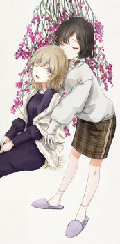 2girls :d absurdres blonde_hair bow brown_eyes brown_hair closed_mouth dress flower flower_request hair_bow hands_on_own_thighs highres long_dress long_sleeves maribel_hearn multicolored_eyes multiple_girls no_headwear one_eye_closed open_mouth plaid_clothes plaid_skirt poteimo_(poteimo622) purple_dress purple_eyes short_hair simple_background sitting skirt slippers smile socks standing sweater swept_bangs touhou two-tone_eyes usami_renko white_background white_bow white_socks white_sweater yellow_eyes