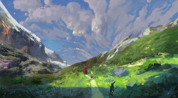 1girl building cloud cloudy_sky dirt_road grass highres mountain original outdoors painting_(medium) path road scenery sky slow_d solo traditional_media