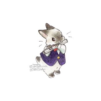 animal animal_focus berry_jou commentary_request flute highres holding holding_flute holding_instrument instagram_username instrument music no_humans original playing_flute playing_instrument purple_vest rabbit shirt simple_background twitter_username vest white_background white_shirt