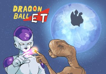 Rule 34 | 1st form frieza, 2boys, absurdres, brand name imitation, chanta (ayatakaoisii), crossover, dragon ball, dragon ball gt, dragonball z, e.t., e.t. (character), final form frieza, frieza, full moon, glowing, glowing finger, highres, index finger raised, logo parody, male focus, moon, multiple boys, night, parody, red eyes, sanpaku, sky, smile, star (sky), starry sky