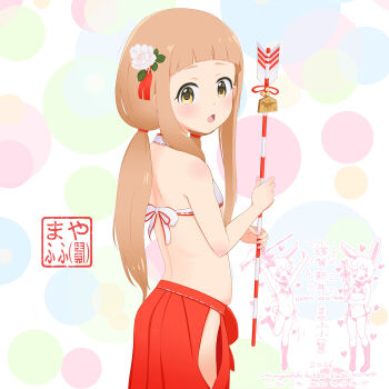 1girl arrow_(projectile) brown_hair commentary_request flower hair_flower hair_ornament hakama hakama_skirt hamaya highres holding holding_arrow ichihara_nina idolmaster idolmaster_cinderella_girls japanese_clothes loli long_hair low_twintails mayafufu miko open_mouth red_hakama skirt twintails