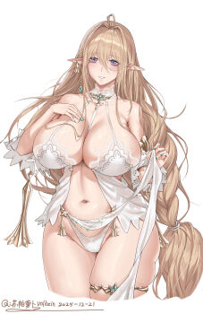 1girl absurdly_long_hair absurdres ahoge anklet artist_name azur_lane bare_shoulders bikini blonde_hair breasts cleavage collarbone crossed_legs curvy detached_sleeves earrings elf feet flower gem gold_trim gouden_leeuw_(azur_lane) green_flower groin hair_between_eyes hair_ornament halterneck hand_on_own_chest highres horns huge_breasts jewelry leaf legs lily_pad loincloth long_hair looking_at_viewer mole nail_polish navel necklace no_panties parted_lips pelvic_curtain petals plant pointy_ears purple_eyes revealing_clothes ripples see-through_clothes signature smile solo standing stomach swimsuit thigh_strap thighlet thighs toenails toes underwear veins veiny_breasts very_long_hair volkein wide_sleeves world_of_warships