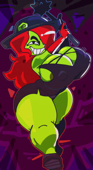 1girl antonblast areola_slip armpit_peek black_dress black_eyes black_hat breasts brown_shoes cleavage colored_skin covered_erect_nipples dress dynamite_annie elbow_gloves gloves green_skin hair_over_one_eye hat holding holding_mace holding_weapon long_hair looking_at_viewer mace motion_lines outdoors outline red_gloves red_hair shoes skindentation slo solo spurhuns teeth thick_thighs thighs weapon