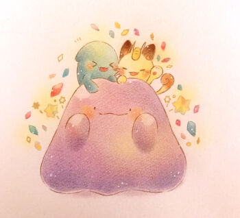 >_< arm_up black_eyes blush closed_mouth commentary_request ditto full_body gen_1_pokemon gen_2_pokemon meowth nintendo no_humans open_mouth painting_(medium) pokemon pokemon_(creature) traditional_media watercolor_(medium) wobbuffet yukichi_0611