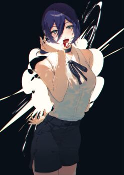 1girl absurdres arms_behind_back bare_shoulders black_background black_hair black_ribbon black_shorts blood blood_on_face chainsaw_man collared_shirt commentary explosion green_eyes grenade_pin hair_between_eyes hand_up highres long_hair_between_eyes looking_at_viewer medium_hair mizutani_(zattany) neck_ribbon open_mouth reze_(chainsaw_man) ribbon shirt shirt_tucked_in shorts simple_background sleeveless sleeveless_shirt solo standing white_shirt