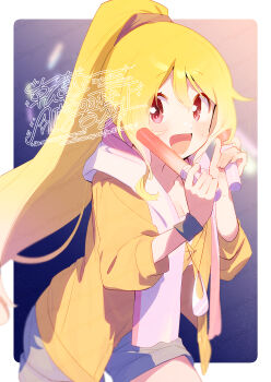 Rule 34 | 1girl, :d, blonde hair, blush, border, breasts, cleavage, commentary request, cowboy shot, dot nose, double-parted bangs, glowstick, grey shorts, hair between eyes, highres, holding, holding glowstick, jacket, long hair, long sleeves, looking at viewer, magia record: mahou shoujo madoka magica gaiden, mahou shoujo madoka magica, open clothes, open jacket, open mouth, outside border, ponytail, red eyes, serizawa serizane, shirt, shorts, smile, solo, togame momoko, watermark, white border, white shirt, yellow jacket