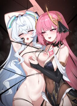 2girls absurdres ahoge armpit_crease armpits arms_up bdsm belly black_background black_leotard black_thighhighs blue_hair blush bondage boots bound bound_arms bound_legs bound_torso breasts breasts_out breath chest_tattoo cleavage clenched_teeth closed_eyes clothed_female_nude_female clothes_disappearing clothing_cutout collared_leotard counter:side covered_navel crest crossed_bangs dark_background detached_collar detached_sleeves disappearing_clothes drooling elbow_gloves female_focus fingerless_gloves garter_straps gloves glowing_clothes gold gold_trim grabbing_another&#039;s_breast grabbing_another&#039;s_nipples groping groping_breast hair_between_eyes hair_ornament hair_ribbon highleg highleg_leotard highres horizon_(counter:side) large_breasts legs legs_together leotard lewd_crest long_hair looking_at_another looking_to_the_side molestation multiple_girls navel nipple_stimulation nipples nude one_breast_out open_mouth p03145 partially_fingerless_gloves pink_hair pussy pussy_juice red_background red_eyes restrained revealing_clothes ribbon saliva saliva_trail seductive_gaze seductive_smile see-through_clothes see-through_leotard shena_(counter:side) sidelocks simple_background skin_tight skindentation smile steam steaming_body sweat sweatdrop tattoo teeth thigh_boots thighhighs thighs tongue very_long_hair wince yuri