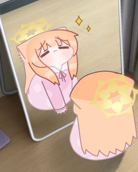 Rule 34 | 1girl, animal ears, blue archive, cat ears, cat girl, chibi, chibi only, closed eyes, closed mouth, commentary, english commentary, halo, horuhara, long hair, mari (blue archive), mirror, orange hair, reflection, solo, sparkle