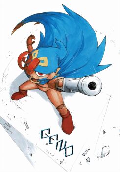1other arm_cannon artist_name blue_cape cape character_name dated doll_joints fighting_stance from_above geno_(mario) hat highres joints mario_(series) matra_usagi nintendo pointy_hat red_eyes red_footwear solo standing super_mario_rpg weapon white_background