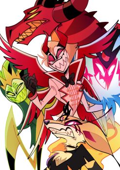 1girl 4boys asmodeus_(helluva_boss) beelzebub_(helluva_boss) blonde_hair demon_boy demon_girl demon_horns evil_grin evil_smile extra_eyes fox_girl furry furry_female furry_male grin hazbin_hotel hellaverse helluva_boss highres horns lucifer_morningstar_(hazbin_hotel) mammon_(helluva_boss) multiple_boys omotimoti820 satan_(helluva_boss) sharp_teeth smile teeth