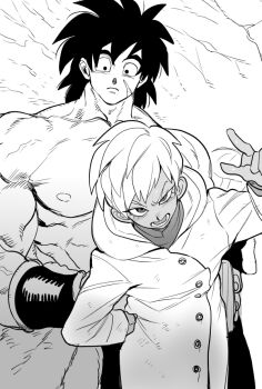 1boy 1girl black_hair broly_(dragon_ball_super) cheelai commentary dragon_ball dragon_ball_super facial_scar fur_(clothing) greyscale looking_at_viewer monochrome muscular muscular_male nanika_(nnkgh) open_mouth pelt pixie_cut scar scar_on_cheek scar_on_face short_hair topless_male white_hair