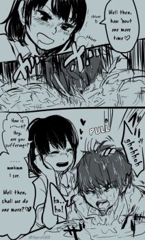 1boy 1girl asphyxiation black_hair blush coughing drowning english_text femdom hard-translated heart hiero0301 speech_bubble third-party_edit water