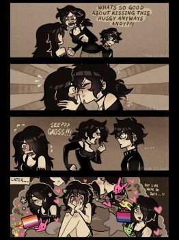 1boy 2girls 4koma andrew_graves ashley_graves black_hair comic english_text heart heart-shaped_pupils julia_(the_coffin_of_andy_and_leyley) kiss marcieowo multiple_girls symbol-shaped_pupils the_coffin_of_andy_and_leyley yuri
