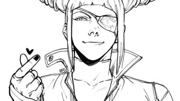 Rule 34 | 1girl, archived source, biker clothes, bikesuit, blunt bangs, bodysuit, collarbone, drill hair, efd, eyepatch, finger heart, fingerless gloves, gloves, han juri, heart, highres, korean commentary, looking to the side, nail polish, padded gloves, popped collar, sidelocks, smile, street fighter, street fighter v, turtleneck, twin drills, unzipped