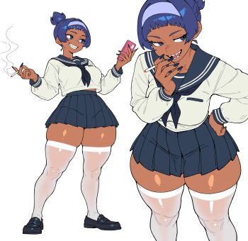 1girl absurdres bingbingzi black_shoes blue_eyes blue_hair blue_skirt breasts chinese_commentary cigarette commentary_request dark-skinned_female dark_skin from_side grin hands_on_own_hips highres holding holding_cigarette holding_phone loafers looking_to_the_side medium_breasts multiple_views nail_polish open_mouth original phone school_uniform serafuku sharp_teeth shirt shoes short_hair simple_background skindentation skirt smile smoking teeth thick_thighs thighhighs thighs tomboy white_background white_shirt white_thighhighs