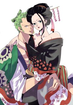 Rule 34 | 1boy, 1girl, bad id, bad twitter id, bare shoulders, black hair, black kimono, blue eyes, breasts, chonmage, cleavage, earrings, floral print, floral print kimono, green hair, hair ornament, highres, hug, japanese clothes, jewelry, kanzashi, kimono, lipstick mark, looking at viewer, may snmk, nico robin, nico robin (wano), obi, official alternate costume, official alternate hairstyle, one eye closed, one piece, print kimono, red lips, roronoa zoro, sash, sideburns, simple background, single sidelock, sitting, sitting on lap, sitting on person, stitched torso, stitches, topknot, v-shaped eyebrows, white background, wide sleeves