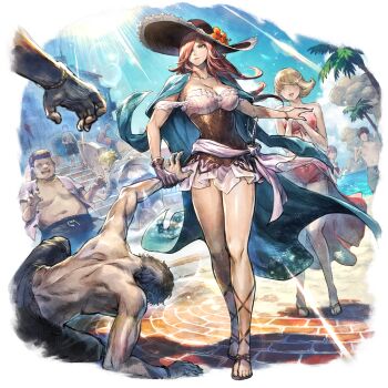 breasts eltrix_(octopath_traveler) feet grabbing_another's_arm hat large_breasts octopath_traveler octopath_traveler:_champions_of_the_continent official_alternate_costume official_art outdoors palm_tree sandals swimsuit tree