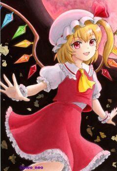 1girl ascot awo_neo blonde_hair bloomers collared_shirt commentary_request crystal crystal_wings fang flandre_scarlet frilled_shirt_collar frilled_skirt frills hat hat_ribbon looking_at_viewer mob_cap moon multicolored_wings one_side_up open_mouth outstretched_arms red_eyes red_moon red_skirt red_vest ribbon shirt skin_fang skirt skirt_set smile solo spread_arms touhou traditional_media twitter_username underwear vest white_bloomers white_hat white_shirt wings yellow_ascot