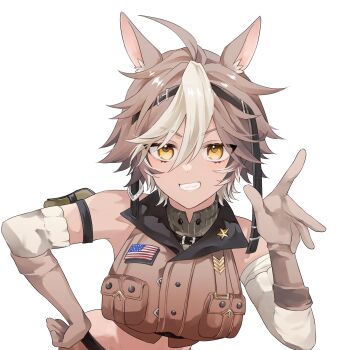 1girl absurdres ahoge american_flag animal_ears arm_pouch brown_gloves brown_hair chevron_(symbol) colored_tips commission cropped_shirt detached_sleeves gloves highres horse_ears horse_girl hozumi_noxx indie_virtual_youtuber multicolored_hair second-party_source shirt skeb_commission sleeveless sleeveless_shirt smile solo star_(symbol) streaked_hair tomoe_umari virtual_youtuber white_background white_hair white_sleeves yellow_eyes