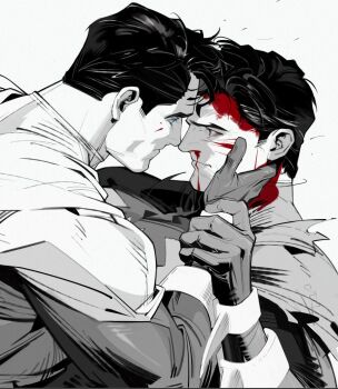 2boys batman batman_(series) blood blood_on_face cape closed_mouth commentary dc_comics eye_contact forehead-to-forehead gloves hand_on_another's_face hand_on_another's_wrist heads_together looking_at_another male_focus multiple_boys nosebleed short_hair sideburns simple_background spot_color superhero_costume superman superman_(series) symbol-only_commentary torn_cape torn_clothes upper_body white-corner white_background yaoi