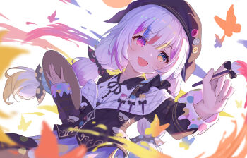 Rule 34 | 1girl, :d, aplior, beret, blonde hair, blue eyes, blue hair, bug, butterfly, chinese commentary, commentary request, hat, heterochromia, highres, holding, holding paintbrush, insect, jogasaki noah, long hair, long sleeves, mahou shoujo no majo saiban, multicolored hair, open mouth, paint palette, paintbrush, pink eyes, pink hair, purple eyes, purple hair, red eyes, red hair, ribbon, smile, solo, streaked hair, twintails, white hair, yellow eyes