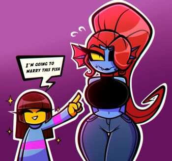 Rule 34 | 2girls, blue skin, blue sweater, brown hair, closed eyes, closed mouth, colored sclera, colored skin, commentary, english commentary, english text, eyepatch, fins, frisk (undertale), head fins, long hair, long sleeves, medium hair, monster girl, multiple girls, nelljoestar, ponytail, purple background, red hair, shirt, simple background, smile, speech bubble, striped clothes, striped shirt, striped sweater, sweater, two-tone sweater, undertale, undyne, utdr (toby fox), yellow sclera, yuri