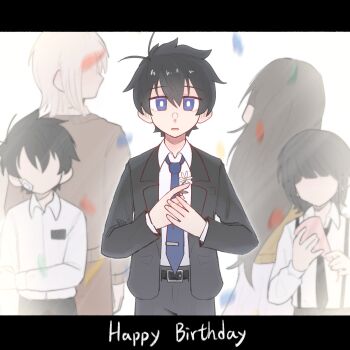 1girl 4boys aged_down akinashi_haru bandaid bandaid_on_face black_hair black_necktie black_pants blue_eyes blue_necktie brown_cardigan brown_pants cardigan collared_shirt commentary dress_shirt english_commentary faceless flower formal_clothes happy_birthday highres holding holding_flower long_hair multiple_boys necktie pants qinliu_cat saihate_eki shirt short_hair skirt suit suspenders sweater_vest tatsunami_shion tenjiku_aoi white_hair white_shirt white_skirt yellow_sweater_vest