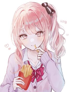 Rule 34 | 1other, :3, :t, akiyama mizuki, ameshi0227, black bow, blush, bow, bowtie, buttons, cardigan, closed mouth, collarbone, collared shirt, commentary request, diagonal-striped bow, diagonal-striped bowtie, diagonal-striped clothes, drill hair, eating, food, french fries, from above, hair between eyes, hair intakes, hand up, happy birthday, heart, high side ponytail, highres, holding, holding food, kamiyama high school uniform (project sekai), long sleeves, looking at viewer, medium hair, other focus, pink eyes, pink hair, project sekai, puffy long sleeves, puffy sleeves, purple cardigan, red bow, red bowtie, redrawn, school uniform, shirt, side drill, sidelocks, simple background, sleeves past wrists, smile, solo, striped bow, striped bowtie, striped clothes, swept bangs, two-tone bow, upper body, white background, white bow, white shirt