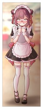 Rule 34 | 1girl, apron, black shoes, blurry, blurry background, blush, border, brown eyes, brown hair, fallenshadow, full body, hair ribbon, holding, holding tray, indie virtual youtuber, looking at viewer, maid apron, maid headdress, pettan (zeez4743), red ribbon, ribbon, shoes, standing, thighhighs, tray, white border, white thighhighs