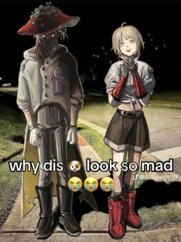 Rule 34 | 1boy, 1other, :d, black boots, black sky, black socks, blonde hair, blue eyes, boots, brown hair, brown shorts, coat, commentary, crying emoji, emoji, english commentary, english text, ezra theodore, face in shadow, full body, gloves, glowing, glowing eyes, grey pants, hat, headwear switch, highres, id card, interlocked fingers, medicine pocket, meme, midriff, multicolored hair, mushroom hat, night, open mouth, outdoors, own hands together, pants, photo background, procreate (medium), red boots, red gloves, red hat, reverse:1999, sandkessho, shirt, short hair, shorts, side-by-side, sidewalk, sky, smile, socks, sparkle, standing, tied shirt, white coat, white gloves, white hair, white shirt, why dis ninja look so mad (meme), yellow eyes