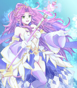 Rule 34 | 1girl, angela (seiken densetsu 3), breasts, detached sleeves, gloves, green eyes, highres, holding, holding scepter, leotard, long hair, medium breasts, niitahagi, official alternate costume, pointy ears, purple hair, purple thighhighs, scepter, seiken densetsu, seiken densetsu 3, thighhighs, tiara, white gloves, white leotard