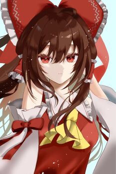 1girl ascot bow brown_hair closed_mouth commentary detached_sleeves frilled_bow frilled_hair_tubes frills hair_bow hair_tubes hakurei_reimu highres long_hair looking_at_viewer red_bow red_eyes ringo33757 solo touhou upper_body yellow_ascot