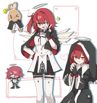 Rule 34 | 1girl, 5o (yaae531997), angel wings, arknights, black gloves, black pantyhose, black veil, commentary request, exusiai (arknights), exusiai the new covenant (arknights), fingerless gloves, gloves, hair between eyes, hair over one eye, halo, highres, korean commentary, long hair, medium hair, nun, official alternate costume, official alternate hair length, official alternate hairstyle, one eye closed, one eye covered, pantyhose, praying, red hair, thighhighs, thighs, v, veil, white background, white thighhighs, wings, yellow eyes