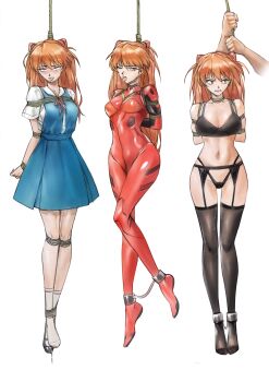1boy 1girl absurdres angry arms_behind_back artist_request asphyxiation bare_legs bdsm black_bra black_panties black_pantyhose blue_eyes bodysuit bondage bound bra breasts brown_hair curvy forced full_body hair_between_eyes hanged highleg highleg_panties highres huge_filesize interface_headset_(evangelion) long_hair looking_at_another mecha_pilot_suit medium_breasts moaning multiple_views narrow_waist navel neon_genesis_evangelion one_eye_closed open_mouth out_of_frame pain panties pantyhose pee peeing peeing_self plugsuit_(evangelion) pussy_juice red_bodysuit restrained school_uniform shiny_skin shirt simple_background skirt socks souryuu_asuka_langley standing suspender_skirt suspenders teardrop tears thighs thong tongue tongue_out torture tsundere underwear underwear_only very_long_hair white_background white_shirt white_socks wide_hips