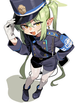 1girl absurdres adjusting_clothes adjusting_headwear black_boots black_jacket black_shorts blue_archive boots commentary_request demon_tail earrings fang full_body gloves green_hair green_halo hair_between_eyes halo hand_on_own_hip highres jacket jewelry long_hair long_sleeves looking_at_viewer nozomi_(blue_archive) open_mouth pantyhose pointy_ears ruppu shorts simple_background skin_fang smile solo standing tail twintails very_long_hair white_background white_gloves white_pantyhose yellow_eyes