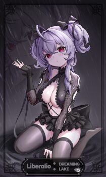 1girl :o absurdres ahoge alternate_breast_size_(larger) black_skirt black_thighhighs bow breasts character_name cleavage commentary_request frilled_skirt frills full_body goddess_of_victory:_nikke hair_between_eyes hair_bow head_tilt highres korean_commentary lace lace_sleeves large_breasts liberalio_(dreaming_lake)_(nikke) liberalio_(nikke) looking_at_viewer navel no_shoes official_alternate_costume on_water parted_lips pink_eyes purple_hair rain ripples short_hair_with_long_locks skirt sleeves_past_wrists thighhighs two_side_up water zakuroten zoom_layer