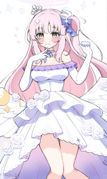 Rule 34 | 1girl, alternate costume, alternate hairstyle, blue archive, blue bow, blue choker, blush, bow, choker, closed mouth, crown, dress, feathered wings, flower, frilled dress, frills, gloves, hair bow, hair ornament, hair scrunchie, highres, looking at viewer, mika (blue archive), off-shoulder dress, off shoulder, one side up, pink hair, sateto (user knrf2332), scrunchie, solo, sweat, three-quarter sleeves, white dress, white flower, white gloves, white scrunchie, wings, yellow eyes